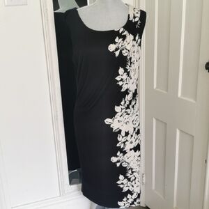 Precis black & white floral print sleeveless bodycon dress, stretchy, size 14.